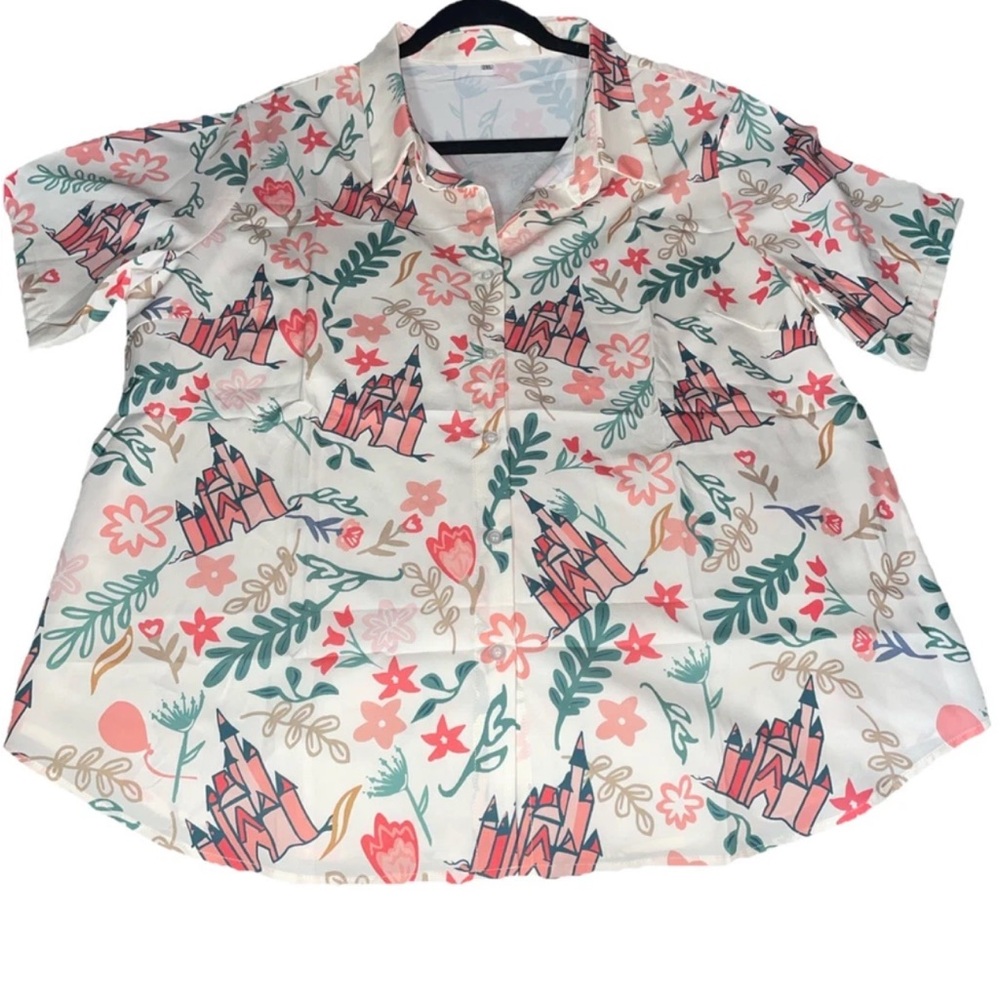 Magical kingdom castle Floral Print Shirt 2XL button up short sleeved top NWOT